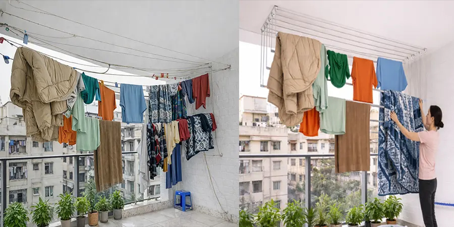 Before and after: tangled wire clothesline versus neat Aksa ceiling hanger